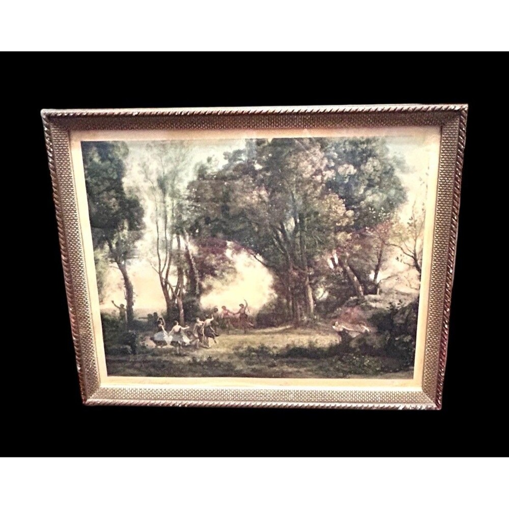 Antique Hand Colored Dancing Wood Nymphs Carot Original Wood Framed  Lithograph